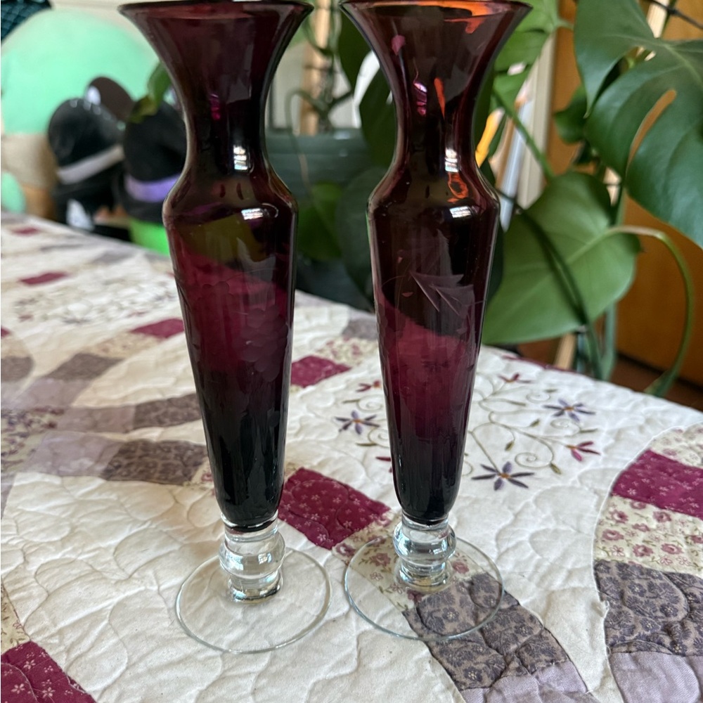 Vintage Empoli Amethyst Glass Bud Vases - Pair